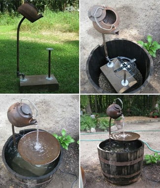 Tea Pot Fountain with Wooden Barrel Basin