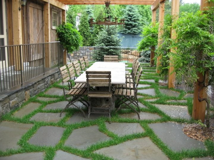 Flagstone Patio with Woodwork and Greenery