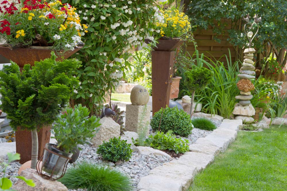 Container Garden with Rock Sculptures