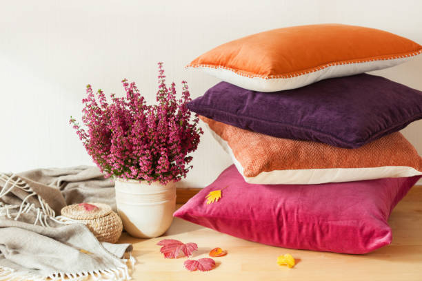 colorful cushions throw cozy home autumn mood flower soft furniahinga stock pictures, royalty-free photos & images
