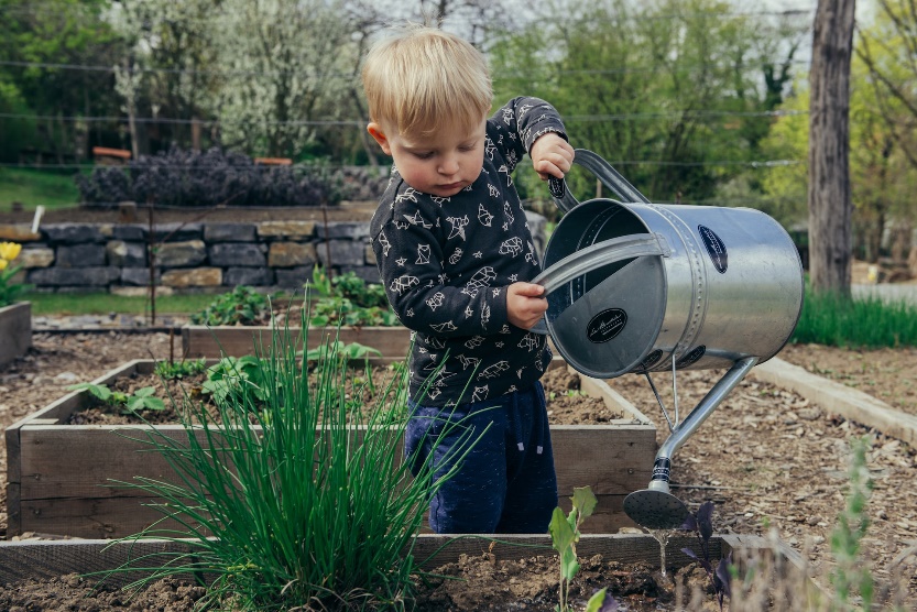 A kid watering plants
