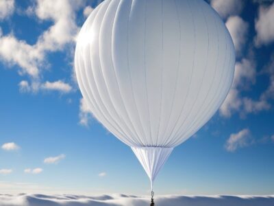 A white weather balloon soaring in the sky