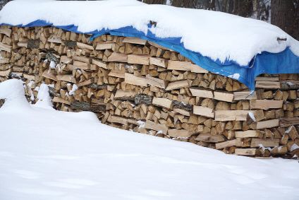 A stack of wood covered in snow