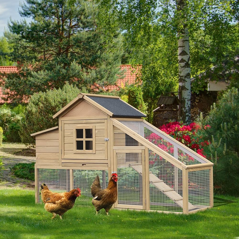 A chicken coop with two chickens in the grass