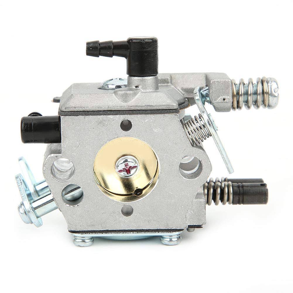 A carburetor with a metal housing and brass nut, used in engines